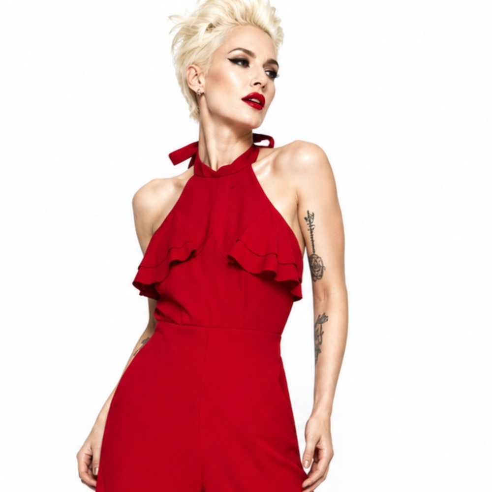 Bebe Sexy Romanticore Red Halter Ruffle Wide-Leg Jumpsuit 14 Sexy